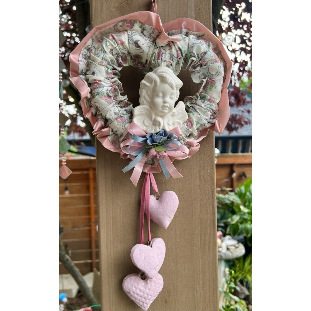 Vintage 1990s Handmade Ceramic Cherub Heart Wall Hanging Cottagecore Nursery